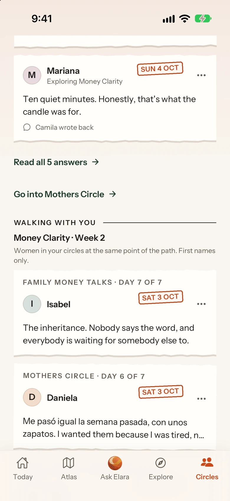 Circles: answers read and written back, and the women walking the same week of Money Clarity