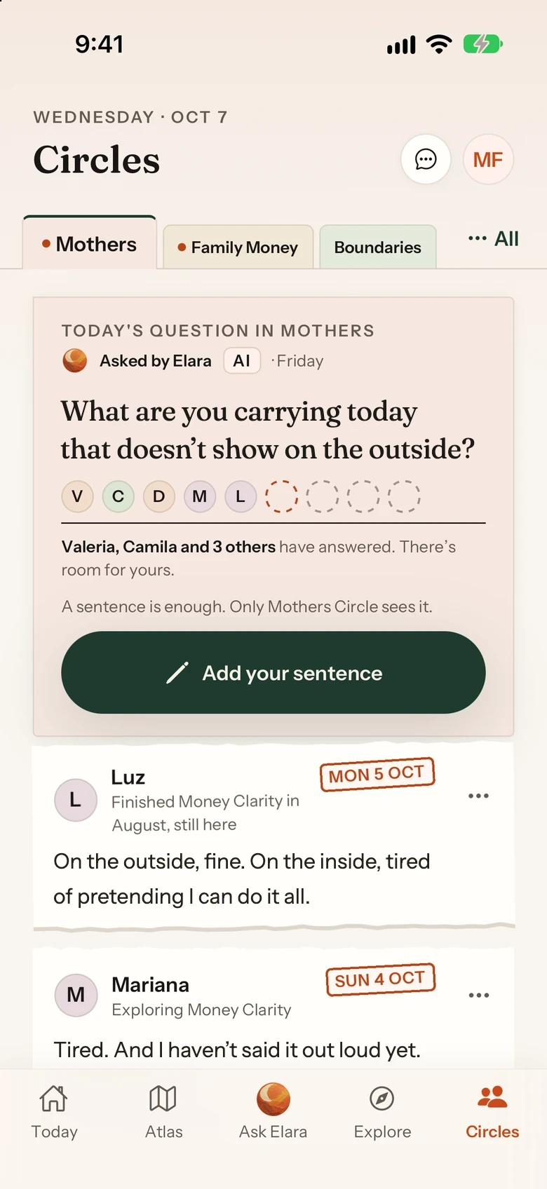 Elara Circles: today's question in the Mothers circle, asked by Elara, with short answers from Luz and Mariana