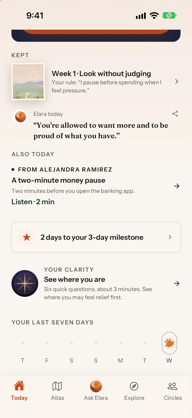 Elara What you keep screen: week 1 rule, Elara's line of the day, a two-minute money pause from Alejandra Ramirez, a milestone and the last seven days