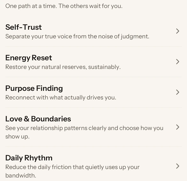 The list of other paths: Self-Trust, Energy Reset, Purpose Finding, Love and Boundaries, Daily Rhythm