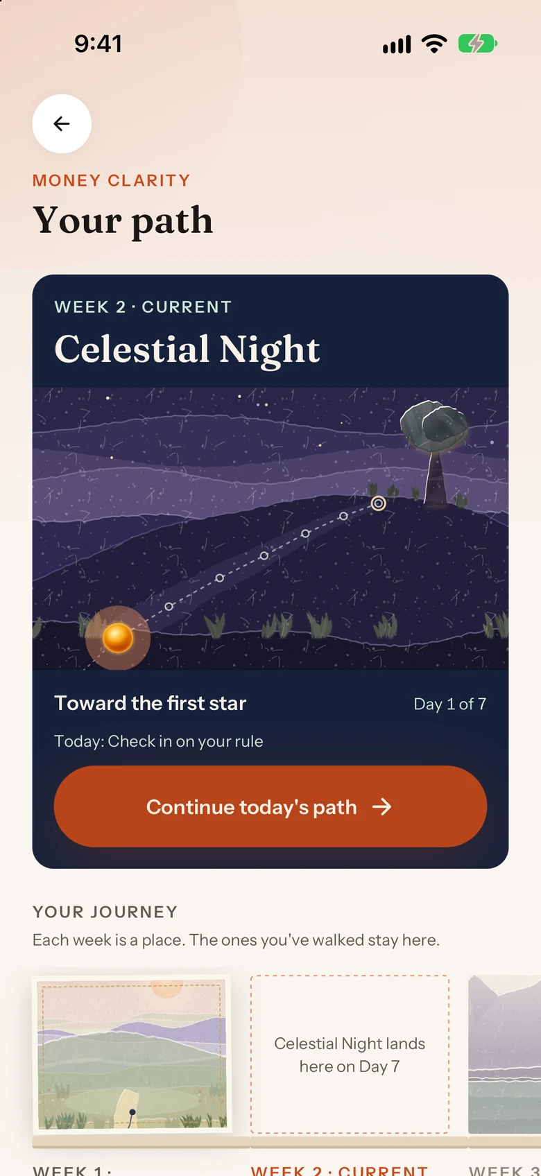 Elara Your path screen: week 2 Celestial Night with the button to continue today's path and the journey so far