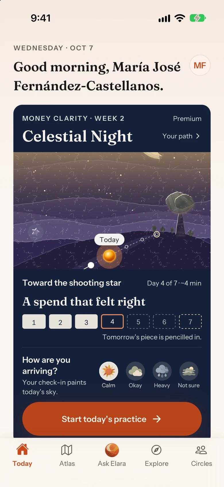Elara Today screen: Money Clarity week 2, Celestial Night, day 4 of 7, a mood check-in and the button to start today's practice