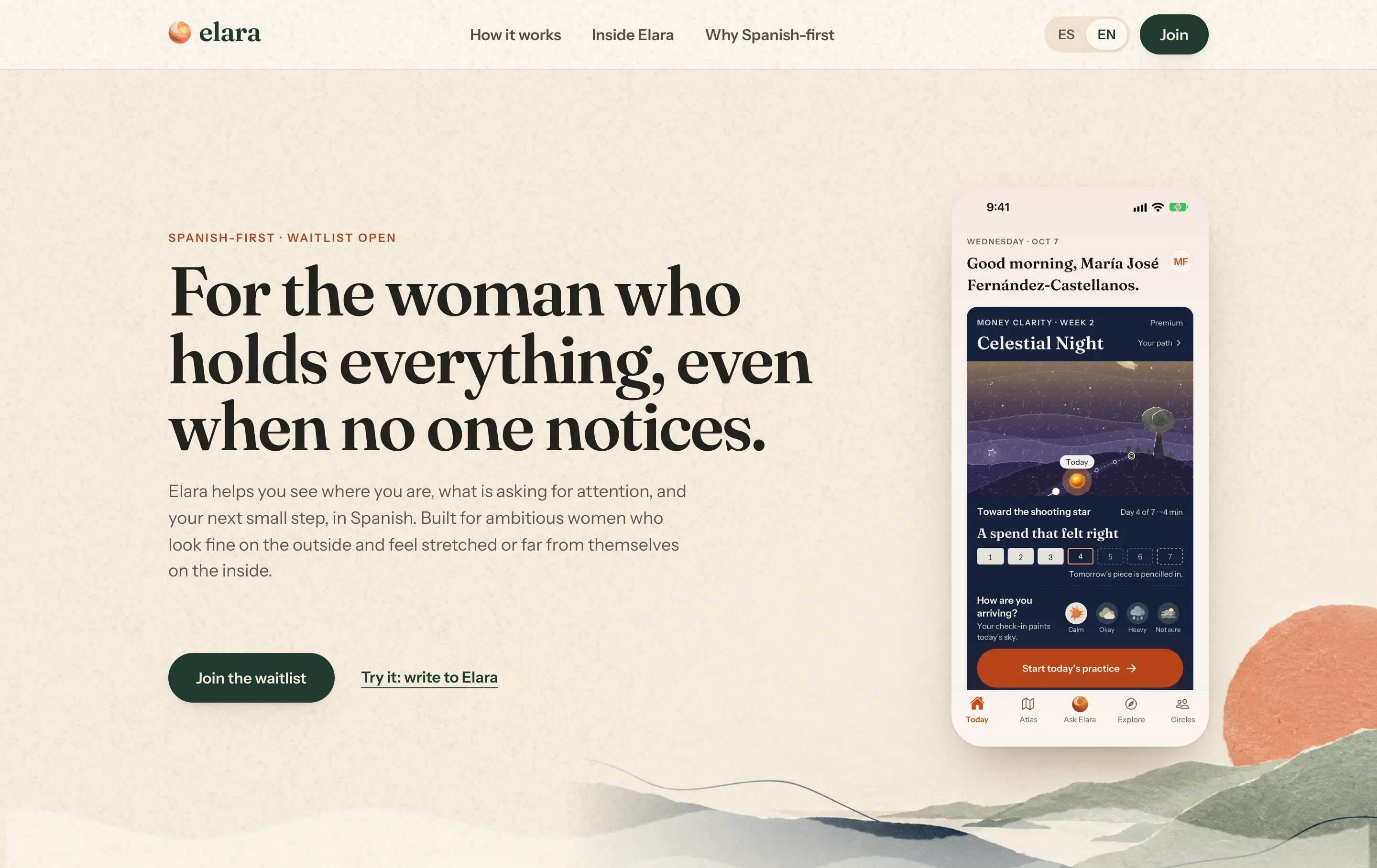The holaelara.com hero: For the woman who holds everything, even when no one notices, with the Today screen in a phone and a paper landscape