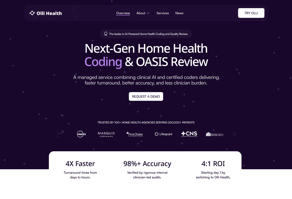 Live ollihomehealth.ai homepage, dark-purple hero reading Next-Gen Home Health Coding and OASIS Review