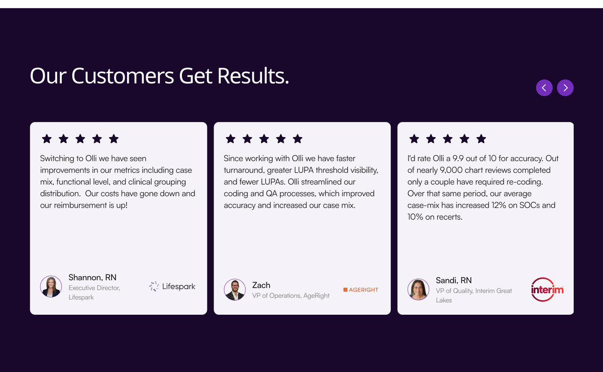 Live Olli site testimonials section: Our Customers Get Results, with clinician quotes