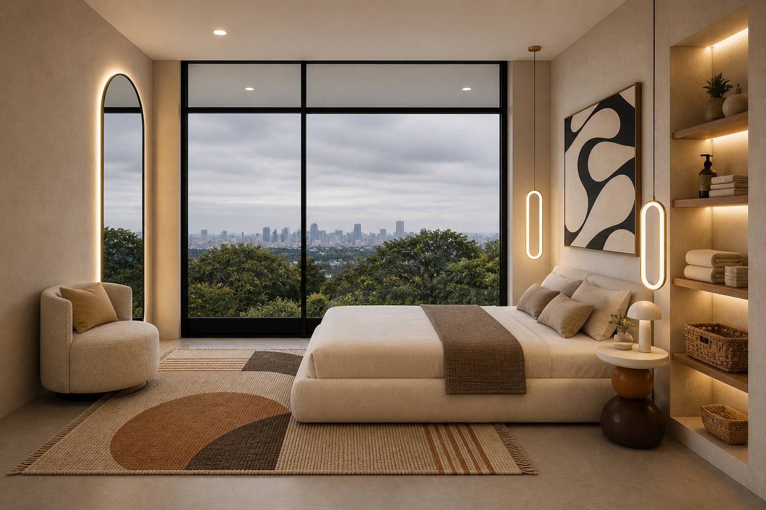 Bedroom variation A, arched window, lounge chair, abstract artwork
