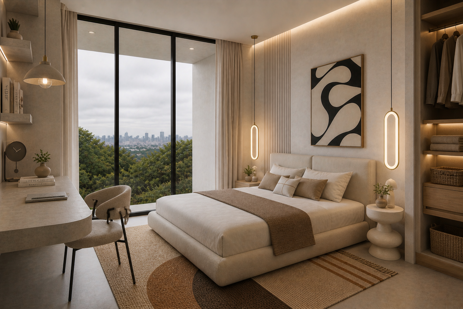 Bedroom variation C, desk corner, full window, signature artwork