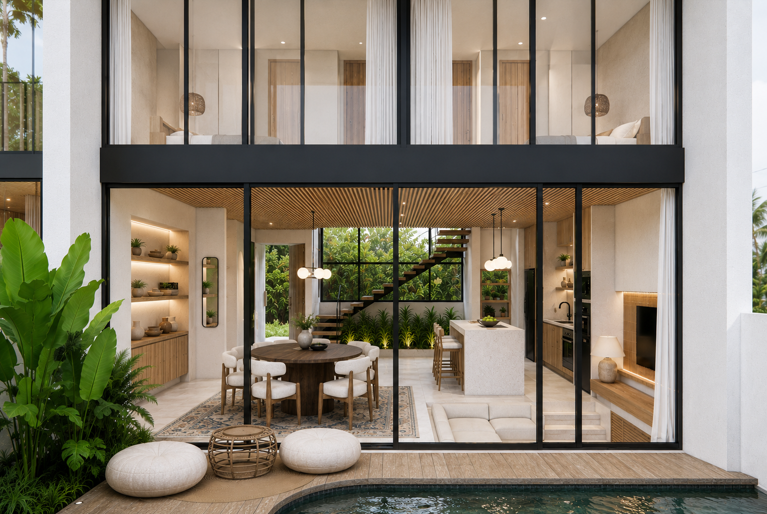 Shakiro Villa, front elevation showing double-height glazing, kitchen, dining and mezzanine