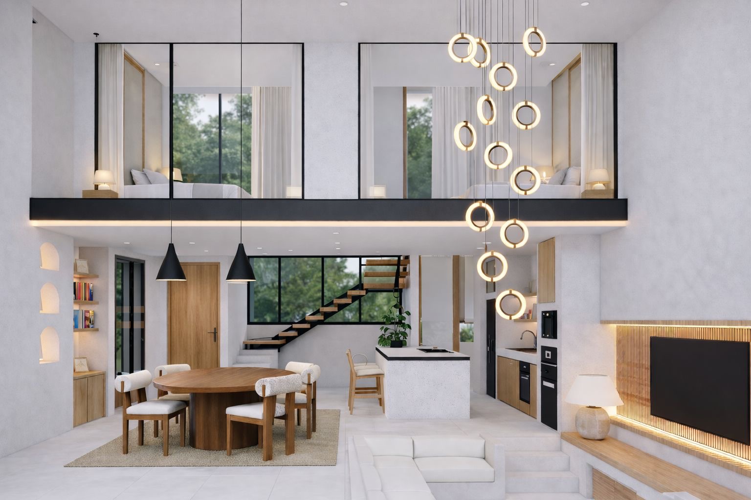 Double-height room with pendant chandelier above the dining area