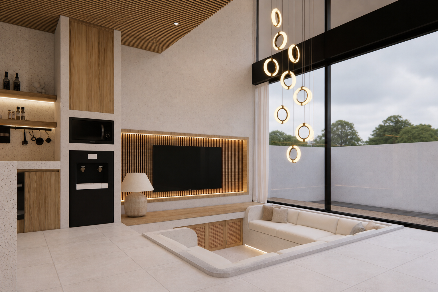 Sunken lounge with slatted teak ceiling and built-in TV wall