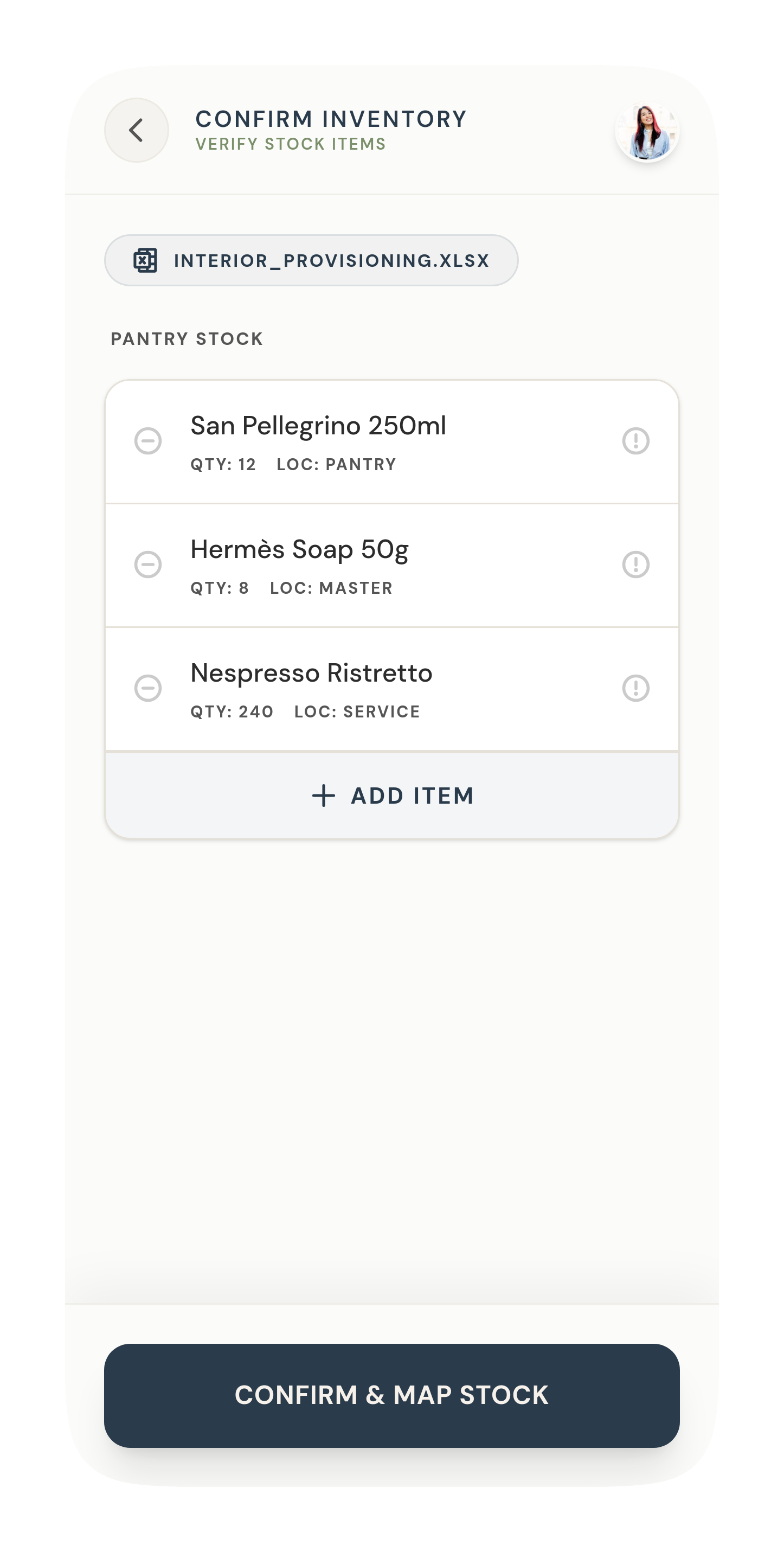 Confirm inventory screen — an uploaded spreadsheet parsed into real stock lines with quantities and locations