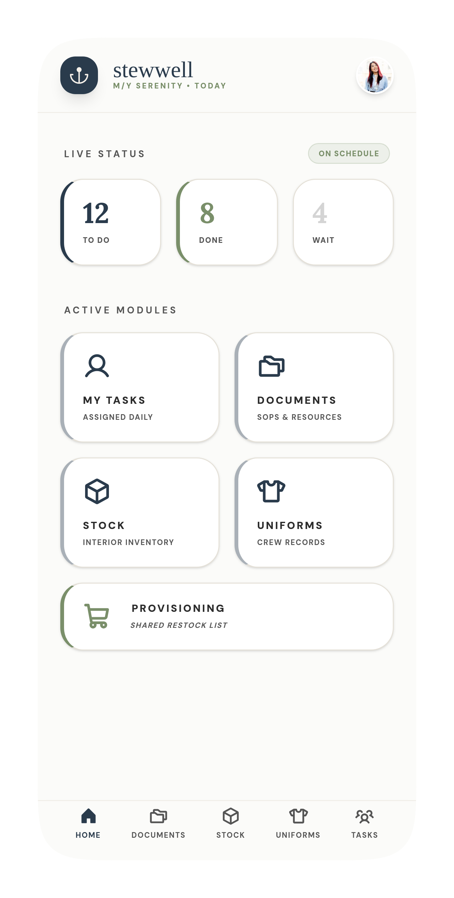 Stewwell home dashboard — live status counters and active modules: My Tasks, Documents, Stock, Uniforms, Provisioning