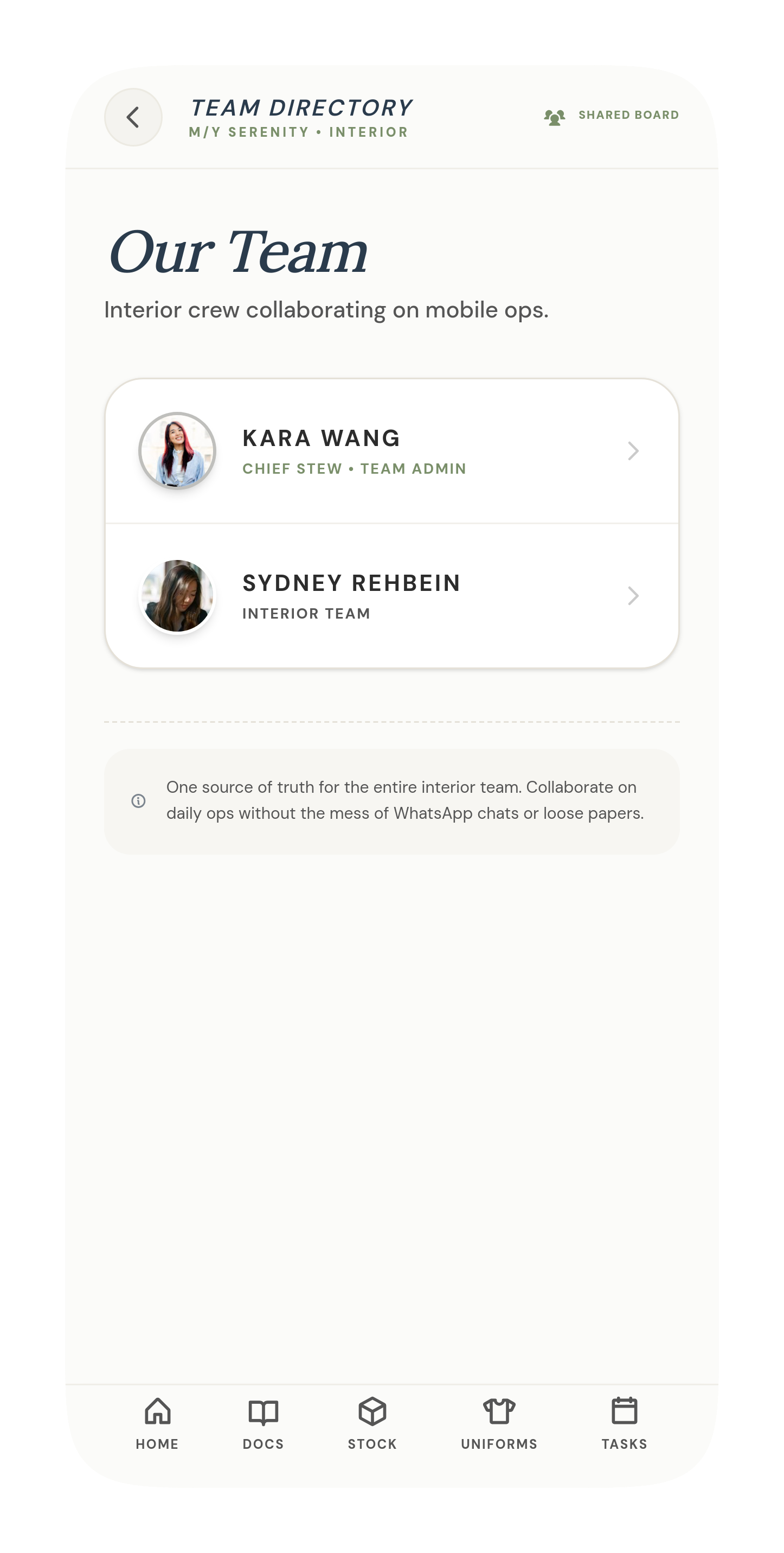Stewwell team directory — the interior crew, roles visible, collaborating on mobile ops
